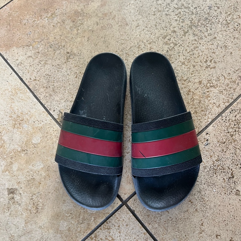 Black Slides with Red and Green Stripes